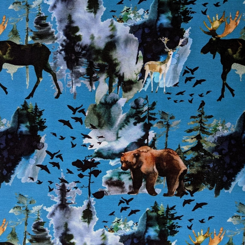 Digiprint cotton jersey moose and bear on blue GOTS
