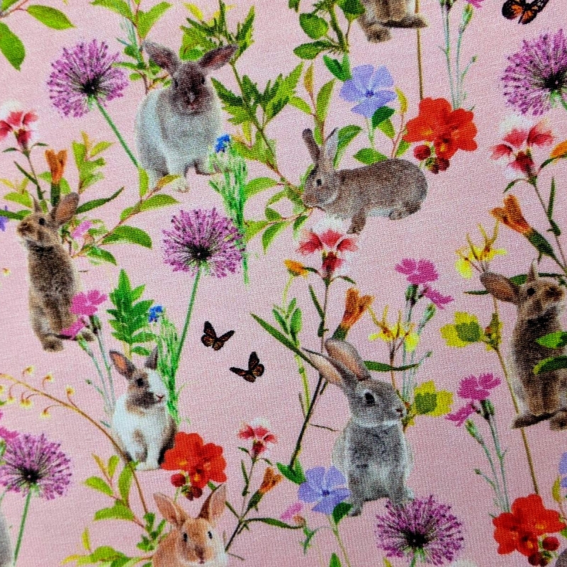 Digiprint cotton jersey rabbits in the meadow