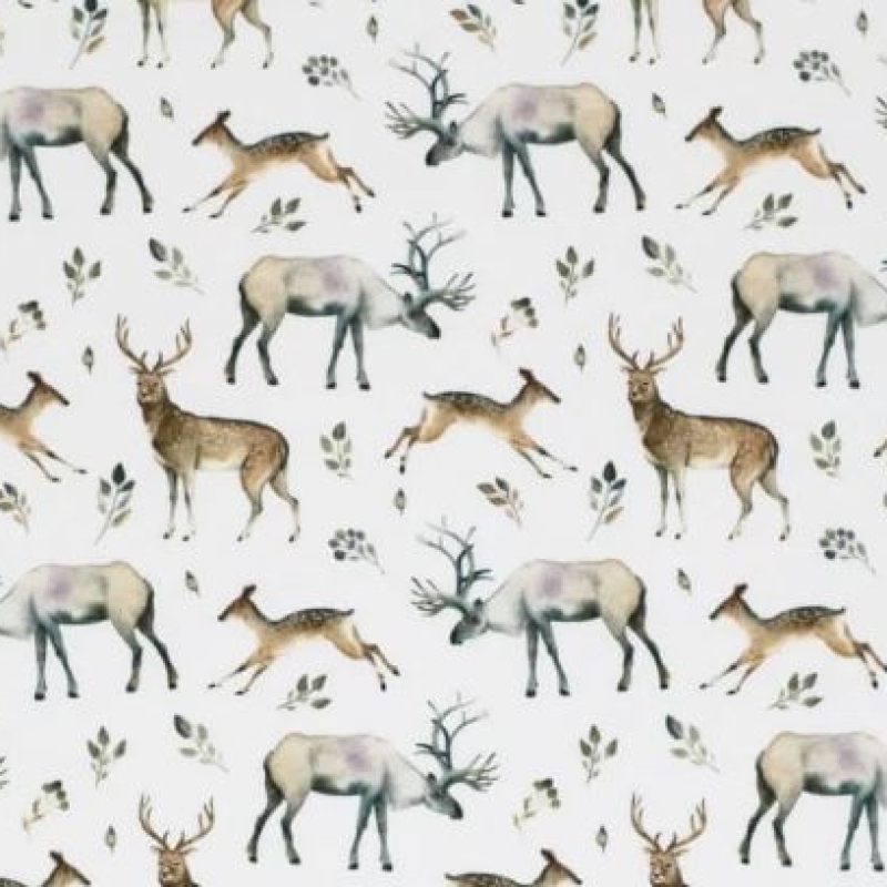 Digiprint cotton jersey moose and deer on natural white